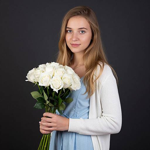 Photograph of a young woman with long brown hair, blue eyes, wearing a white cardigan over a light blue dress, holding a bouquet of white