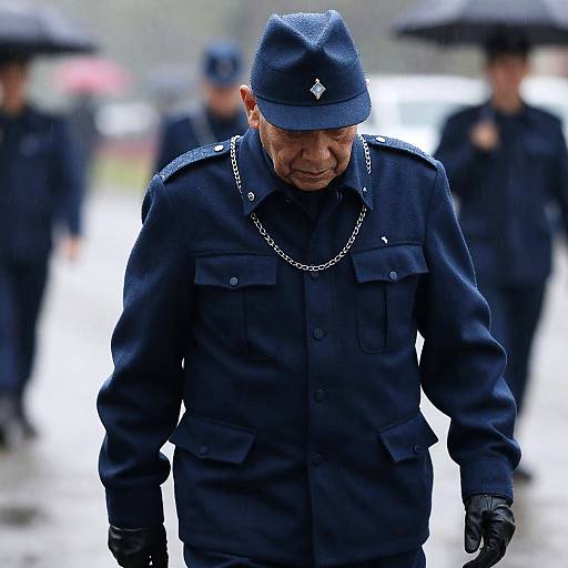 Elderly Veteran Walking in Rainy Setting