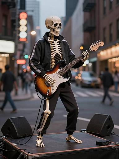 Skeleton Rockstar on Urban Stage at Night