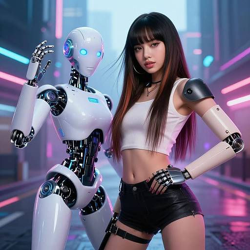 Digital artwork of an Asian woman with long black hair, white crop top, and black shorts, standing beside a white humanoid robot with blue glowing eyes in