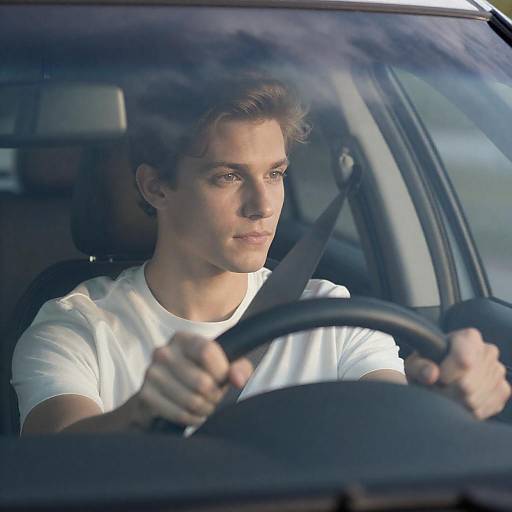 Focused Young Man Driving a Car