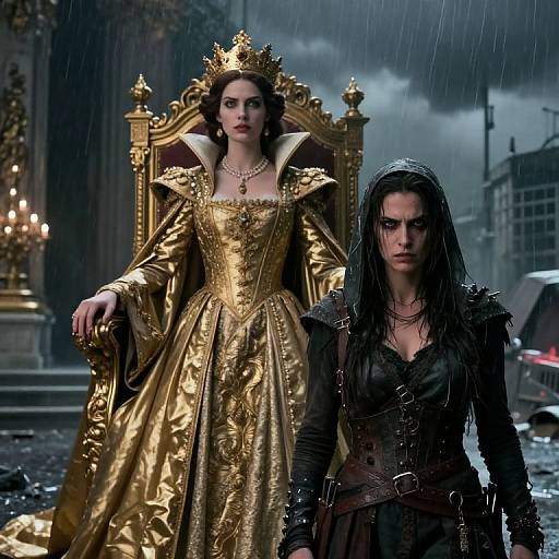 Photograph-like CGI of a regal queen in a gold, ornate gown with crown, and a dark, wet-haired warrior beside her, standing
