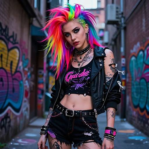 Photograph of a punk-rock woman with neon rainbow hair, black leather jacket, 