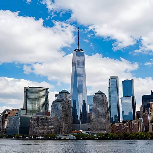 Photograph of the New York City skyline with the One World Trade Center towering above other skyscrapers under a bright blue sky with white clouds. Hudson