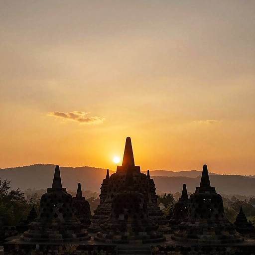 Photograph of a sunset over ancient stone pagodas with silhouetted, pointed roofs, set against a gradient sky from orange to pale yellow