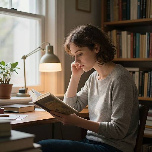 Photograph of a young woman with short curly brown hair, wearing a gray sweater, reading a book in a sunlit library nook with a desk