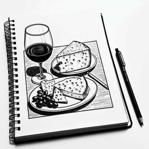 B&W Coloring Page with Wine and Cheese