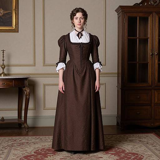 Photograph of a pale-skinned woman in a Victorian-style black dress with white ruffled collar and cuffs, standing in an elegant, wood-paneled
