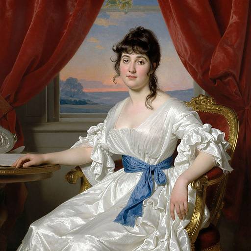 Portrait of a fair-skinned woman with dark hair in an 18th-century white dress with blue sash, seated on a gold chair, against