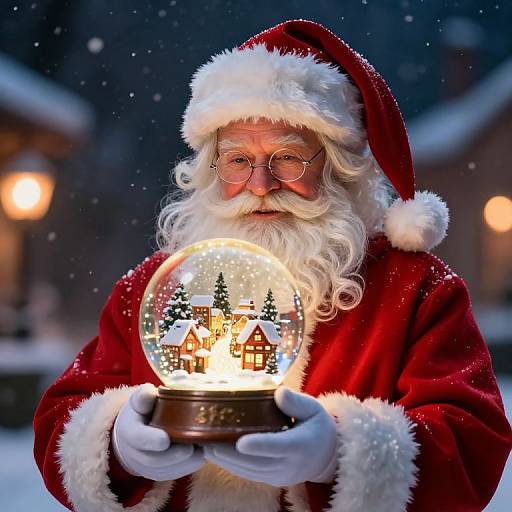 Photograph of Santa Claus with white beard, round glasses, red suit, holding illuminated snow globe with winter house scene, snowy night background.