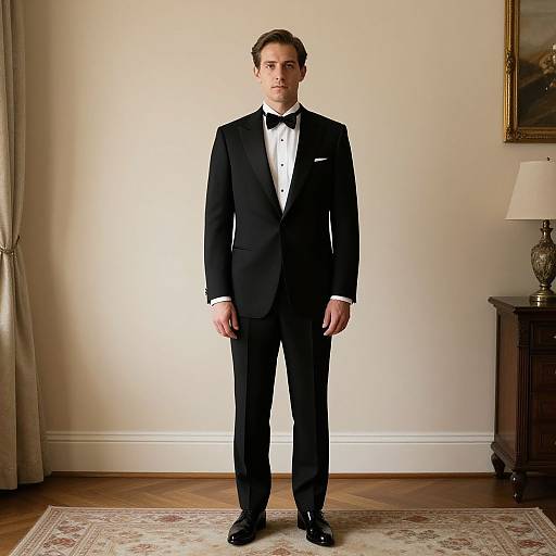 Photograph of a serious, fair-skinned man with brown hair in a black tuxedo, standing in a well-lit, elegant room with