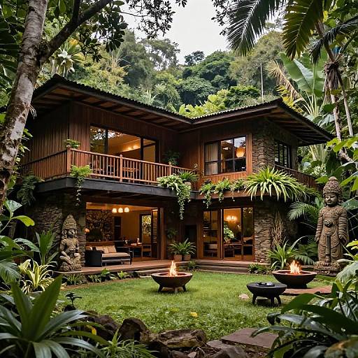 Photograph of a modern, two-story wooden house surrounded by lush tropical foliage, with outdoor fire pits on a grassy lawn.