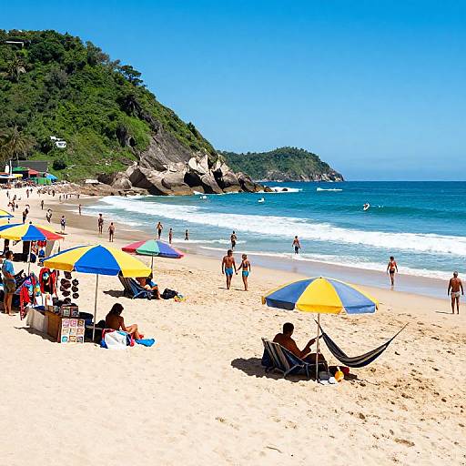 Colorful beach scene photograph: sunbathers under yellow-blue umbrellas, sandy shore, green hilly coastline, clear blue sky, waves, people