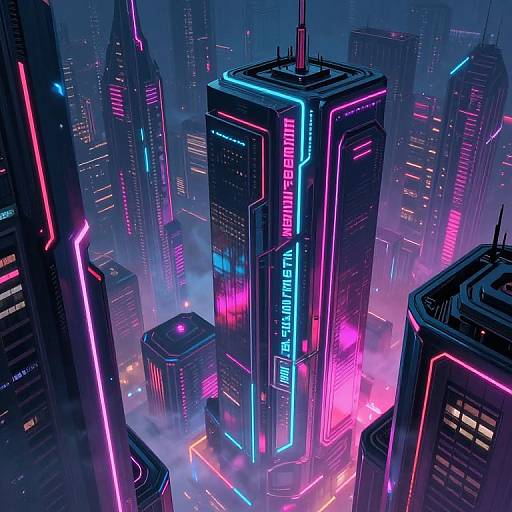 Neon-lit futuristic cityscape at night, featuring towering skyscrapers with vibrant blue, pink, and purple LED lights, surrounded by mist.