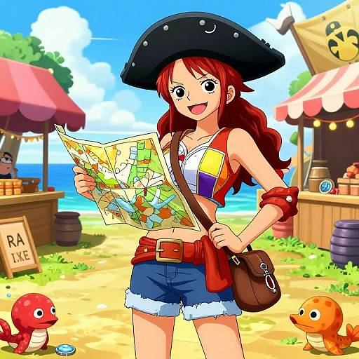 Anime-style drawing of a red-haired girl in a pirate hat, map in hand, blue shorts, red top, with two cute sea creatures in a
