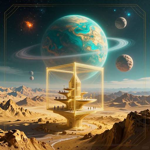 Digital artwork of a futuristic, glowing, multi-tiered structure with small figures, floating in a desert landscape with a massive, ringed planet and other