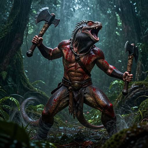 Digital artwork of a muscular, red-scaled, anthropomorphic lizard warrior with blood-streaked skin, holding two axes, roaring in a dark,