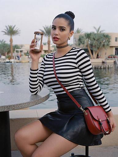 Photograph of a Latina woman with dark hair in a bun, wearing a black-and-white striped top, black leather skirt, red choker, and