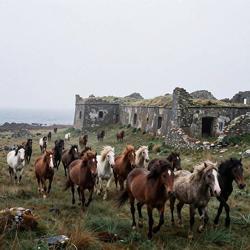 Photograph of a herd of wild horses with varied colors, including brown, white, and black, near an old, dilapidated stone building on