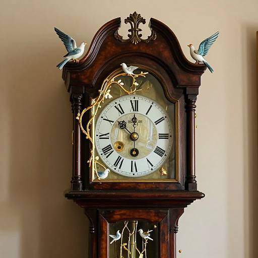 Photograph of an ornate, dark wooden clock with black Roman numerals, two blue and white birds perched on top, and golden vines on