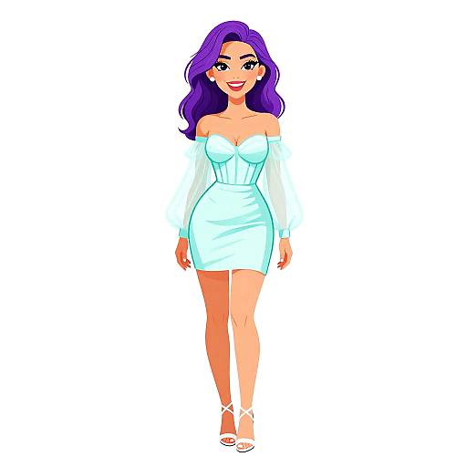 Digital illustration of a smiling woman with purple hair, wearing an off-shoulder, light blue dress and white heels, standing against a plain white background