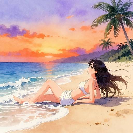 Anime-style digital painting of a black-haired woman in a white bikini, lying on a tropical beach at sunset, with palm trees and a colorful sky.