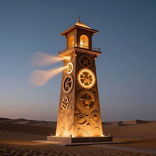 Photograph of a glowing, clock-tower sculpture with illuminated gears in a desert, under a clear evening sky.