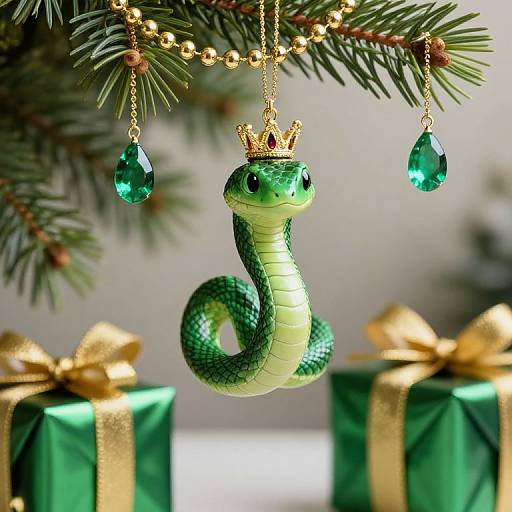 Photograph of a green snake ornament with a gold crown, hanging from a Christmas tree, flanked by green gift boxes with gold ribbons.