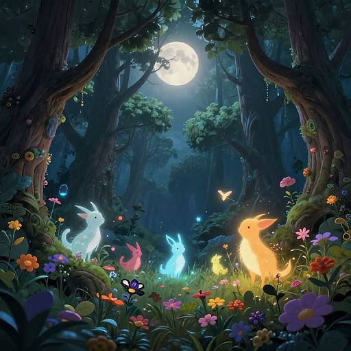 Whimsical moonlit forest scene with glowing, rainbow-colored fox spirits dancing among vibrant flowers, surrounded by tall trees and a full moon. Digital art