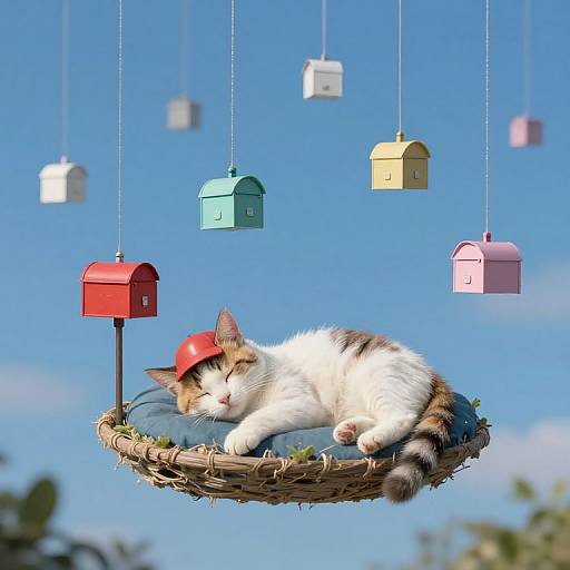 Photograph of a white and orange cat with a red helmet, sleeping on a birdhouse bed, surrounded by colorful hanging birdhouses against a bright blue