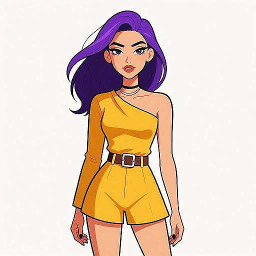 Stylish Woman in Mustard Playsuit with Purple Hair