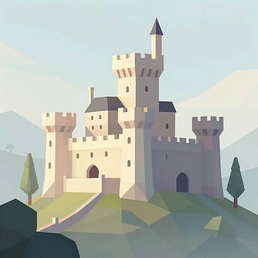 Polygonal digital illustration of a medieval castle with a tall, pointed tower, crenelated walls, and small trees on a grassy hill.