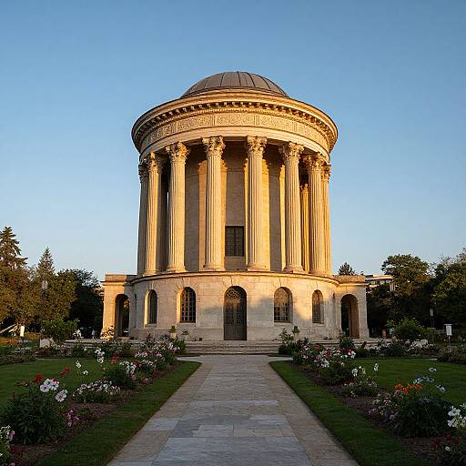 Photograph of a neoclassical rotunda with a dome, tall columns, and arched windows, bathed in golden sunlight, surrounded by
