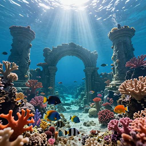 Underwater photograph of a sunlit, ancient stone archway surrounded by vibrant coral reefs and colorful fish in a clear blue ocean.