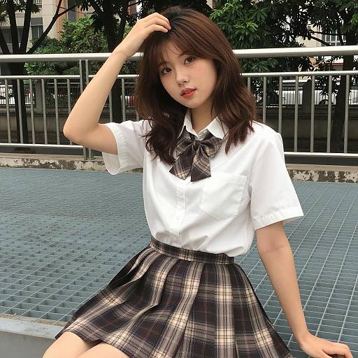 Asian Woman in Plaid Skirt Sitting Outdoors
