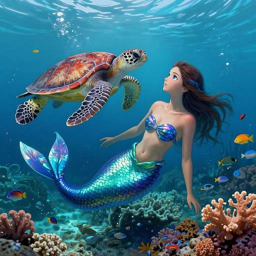 Digital artwork of a mermaid with blue scales and a seashell bra, underwater, interacting with a colorful sea turtle amidst vibrant coral and fish.