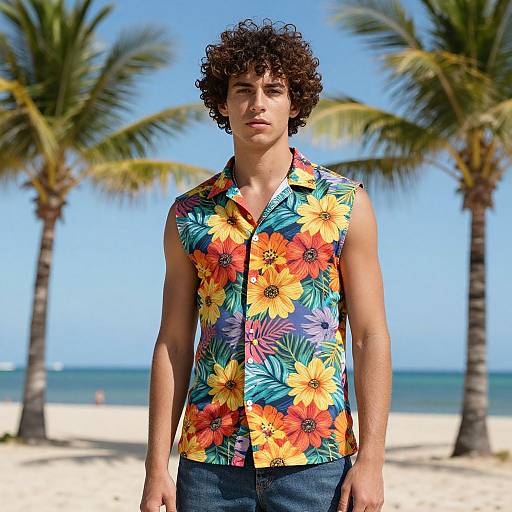 Photograph of a curly-haired young man in a colorful floral shirt, standing on a sunny beach with palm trees and blue ocean in the background.