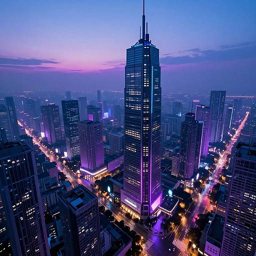 Aerial photograph of a bustling cityscape at dusk, featuring a tall, illuminated skyscraper with vibrant purple and blue lights, surrounded by glowing streets and