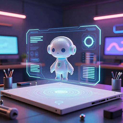 CGI image of a glowing white, cartoonish robot child floating above a neon-lit laptop in a futuristic, tech-filled office.