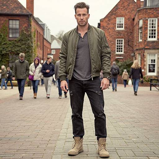 Photograph of a handsome, bearded man in an olive jacket, grey shirt, black ripped jeans, and tan boots, standing in a cobble
