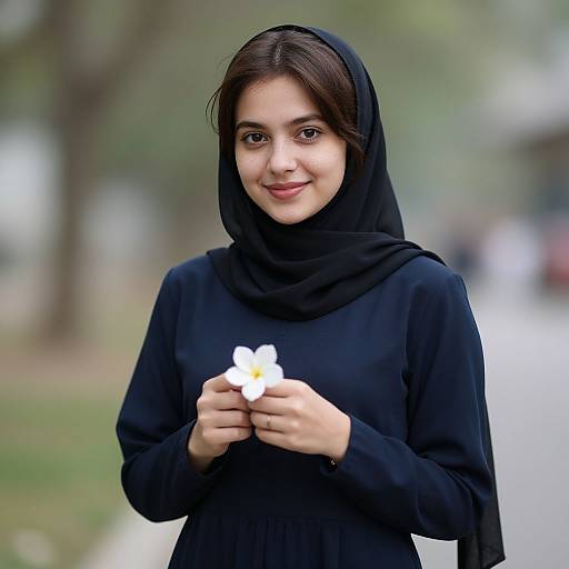 Photograph of a young woman with fair skin and dark brown hair, wearing a black hijab and long-sleeve dress, holding a small white