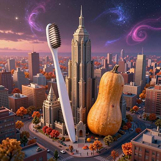 CGI image: giant toothbrush and pear towering over a cityscape with skyscrapers, autumn trees, and a starry night sky with neb