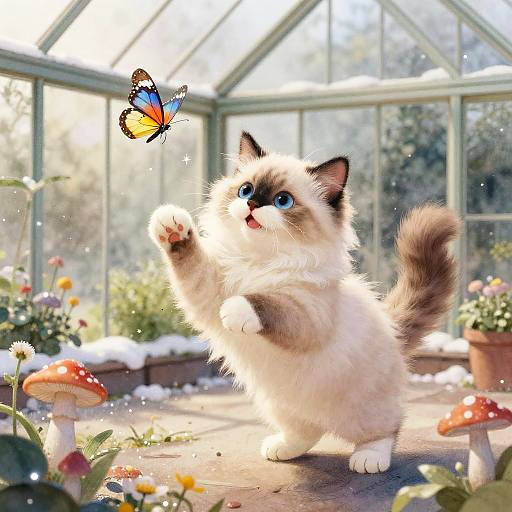 Whimsical Ragdoll Kitten in Snowy Greenhouse