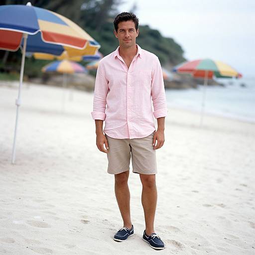 Photograph of a man with short dark hair, wearing a pink long-sleeve shirt, beige shorts, and navy sneakers, standing on a sandy