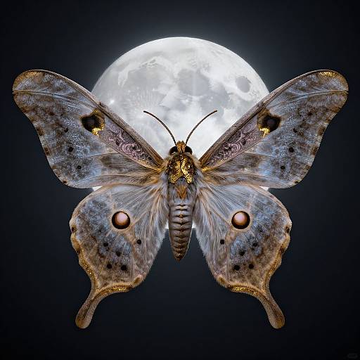 Photorealistic image of a moth with intricate wings and red eyespots, centered against a bright, full moon in a black night sky.