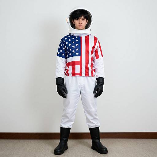 Photograph of a person in a full-body American flag costume, including black gloves and boots, standing against a white wall.