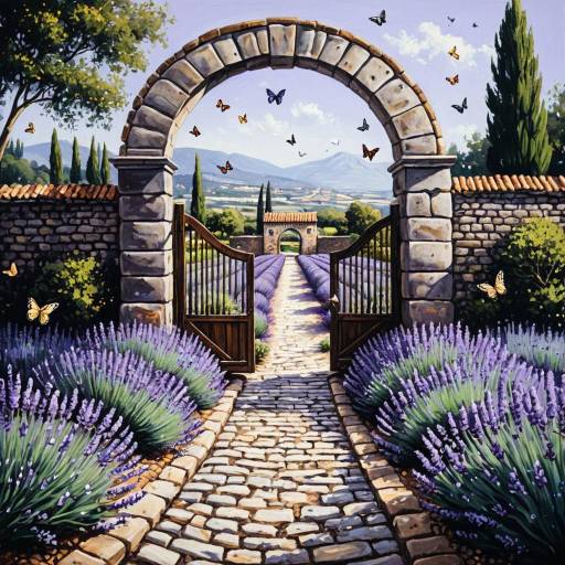 Oil Painting of Lavender Garden with Arched Gate Oil Painting of Lavender Garden with Arched Gate