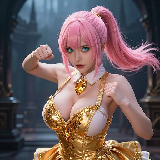 CGI image of a pink-haired anime woman with large breasts in a gold, star-patterned, low-cut dress, striking a fighting pose in a