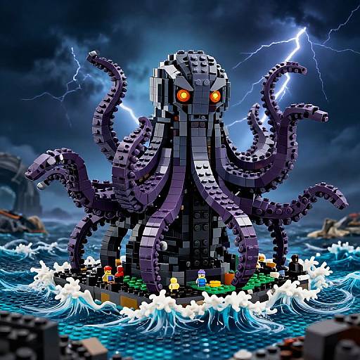 Digital LEGO-style drawing of a massive, dark purple, octopus-like creature with glowing red eyes, lightning bolts, and small LEGO characters on a storm