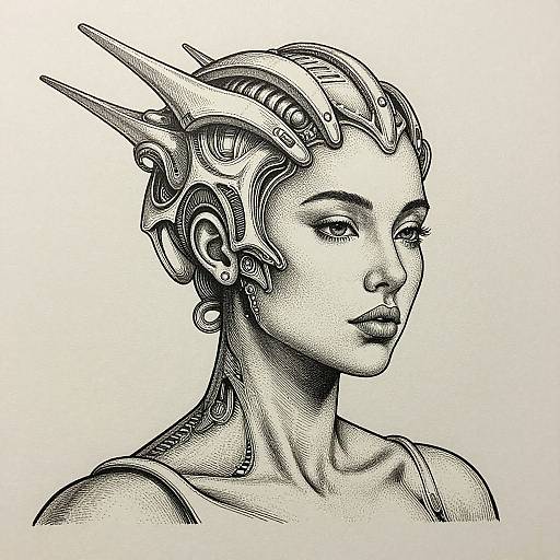 Black-and-white digital drawing of a futuristic, cybernetic woman with intricate headgear, detailed facial features, and a calm expression.